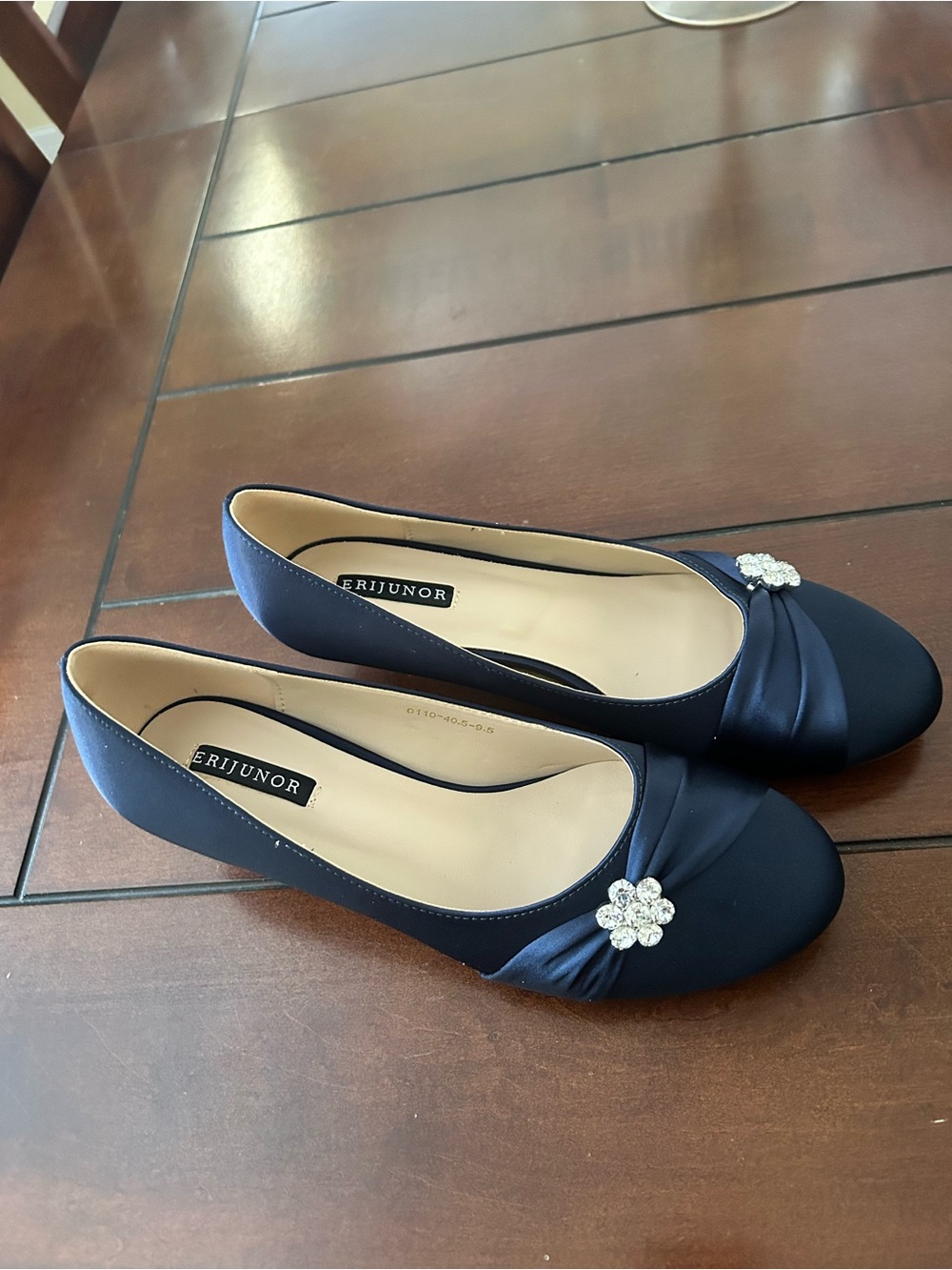 Women's Navy Satin 1” Heels with Crystal Accent